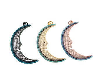 Ciondolo a forma di mezzaluna in oro 18 carati con zirconi cubici turchesi, ciondolo a forma di mezzaluna con micro pavé di zirconi cubici, collana a forma di mezzaluna, ciondolo a forma di luna, 54 x 31 mm, CP202