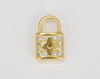 Sierlijke Micro Pave hangslotbedel 16 x 10 mm 14 kt goud nikkelvrij, kubieke klaver hangslothanger ketting oorbel armband onderdeel, CP1287