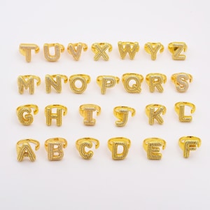 Anillo con letra inicial de globo delicado, anillo con letra del alfabeto de burbujas rellenas de oro, anillo de circonita cúbica ajustable abierto, anillo con inicial, regalo personalizado RG211