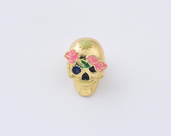 Gold Filled Sugar Skull Charm, Enamel Skull with Flowers for DIY Necklace Bracelet Earring Jewelry Making Supply, Halloween Gift, BD182