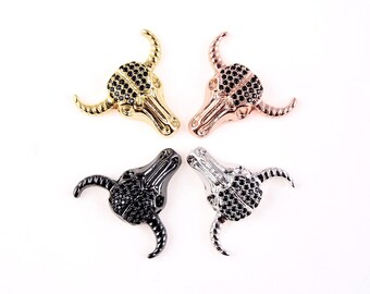 Cool Bull Skull Pendant, CZ Micro Pave Bull Skull Pendant, CZ Micro Bull Head Spacer, Skull Bull, DIY, Jewelry Making, 20x22mm, BD607