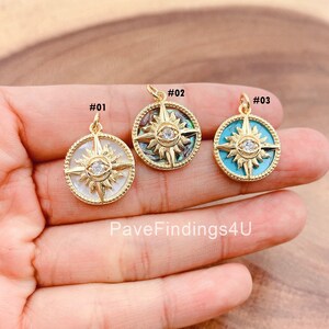 Evil Eye Charm, Gold Filled Evil Eye Pendant in Pearl Abalone Turquoise, Sun Ray Charm, Sunburst Charm, Bohemian Jewelry, CP1693