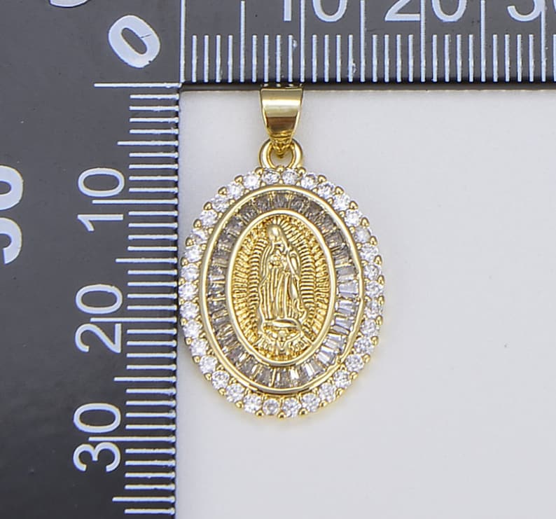 Blessed Virgin Mary 18K Gold Charm, Lady of Guadalupe Pendant, Oval ...