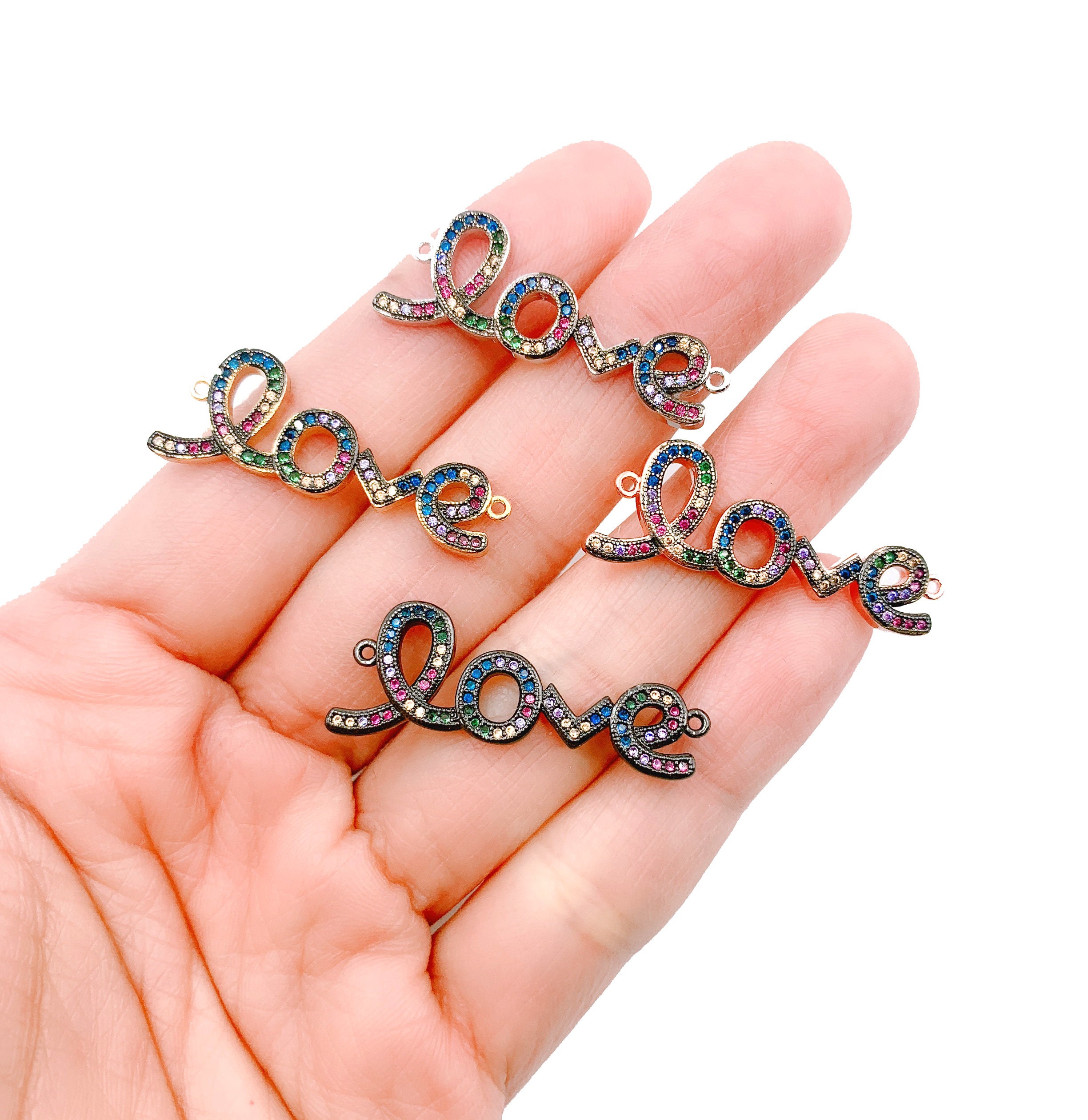 14K Gold Rainbow Love Link Charm, CZ Micro Pave Love Connector