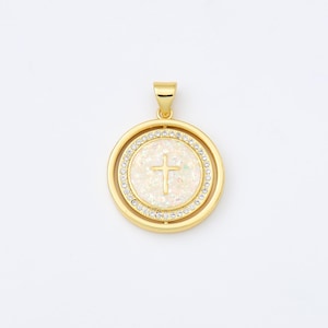 Opal Cross Charm, Gold Filled Double Sided Spinning Round Cross CZ Pendant for Necklace Bracelet Religious Jewelry Making Supply, CP2015