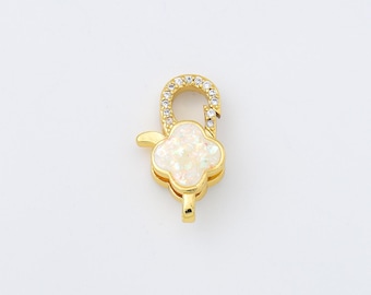 Gold Filled Opal Clover Lobster Clasp, Locking Clasp, Spring Clasp, Micro Pave CZ Pearl Clasp Necklace Bracelet Jewelry Making Supply, CL599