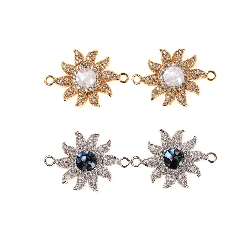Gold Silver Pave Connector,26x18mm|CN083 CZ Micro Pave White Abalone Shell Inlay Floral Connector 24K Gold Filled Opal Sunburst Connector
