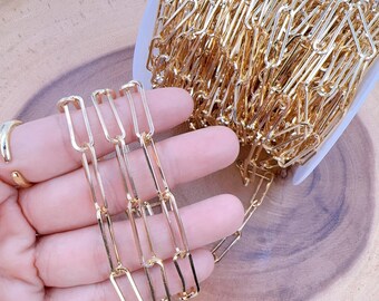 Gold Filled Paperclip Chain by Foot, Gold Oval Link Chain, Wholesale Bulk Roll Chain for Jewelry Making, 22x6x1mm, CH109