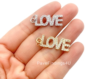 18K Gold Love CZ Micro Pave Charm Pendant, Love Charm, Love Charm Bracelet, Love Word Charm, Charm Necklace, 28x10mm, CP941