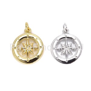 18K Gold Round Compass Charm/Pendant, Starburst Charm, Star Necklace, North Star Charm, Starburst Charm, Gold Compass, 21x16mm, CP666
