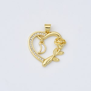 Ciondolo a cuore con perla conchiglia, pendente a cuore con fiore rosa riempito d'oro, ciondolo a cuore in madreperla, 23x24mm, CP1970