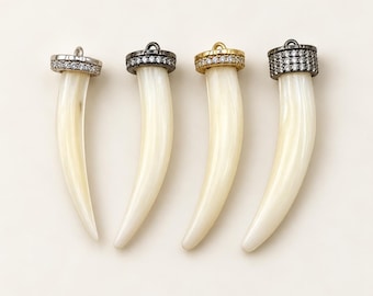 Gold Filled Mother of Pearl MOP Tusk Charm, CZ Rhinestone Cap Pendant, Ivory Curved Tooth Horn Charm for Necklace Bracelet Making, CP447