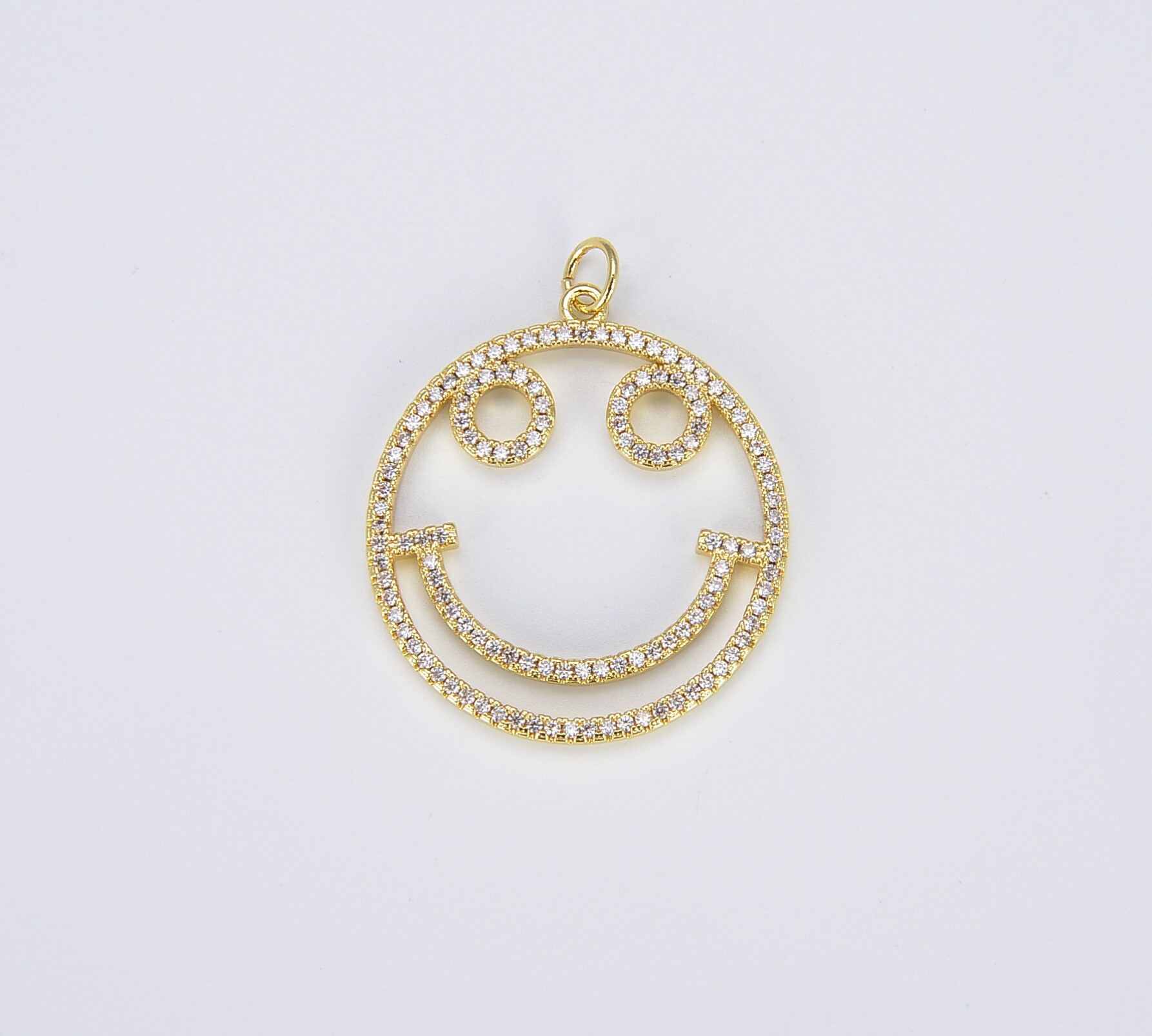 18K Gold Happy Face Charm, CZ Micro Pave Gold Happy Face Smile