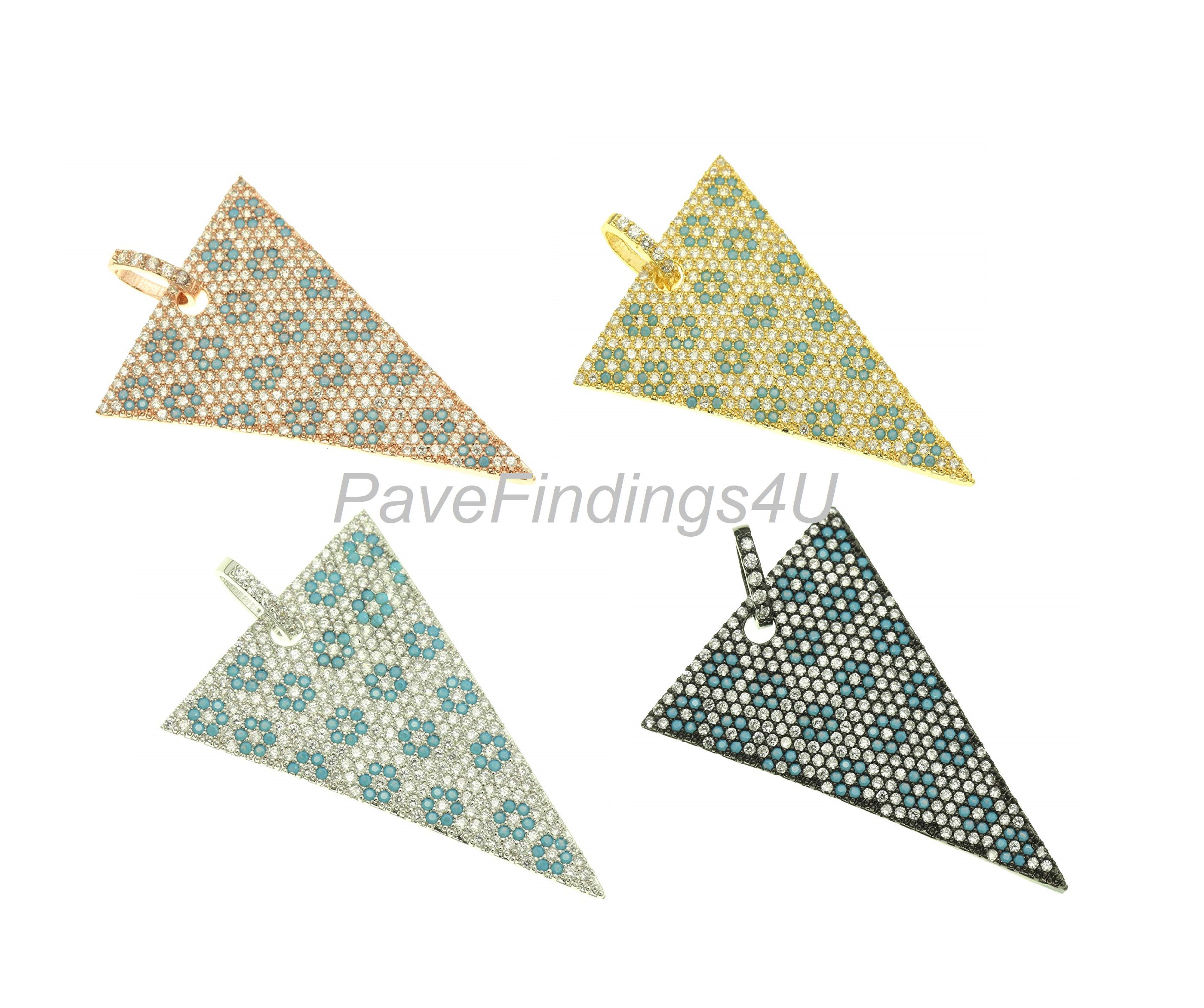 18K Gold Turquoise CZ Triangle Charm Pendant, CZ Micro Pave