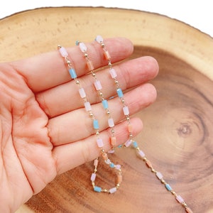Morganite Pastel Color Faceted Rectangle Tube Beaded Chain 14K Gold Filled, Pink Blue White Crystal Beaded Chain, Bulk Chain, 5x3mm, CH024A