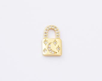 Charm cadenas étoile de lune remplie d'or, pendentif cadenas cadenas cadenas céleste pour collier boucle d'oreille composant de bracelet, 12 x 7 mm, CP1048