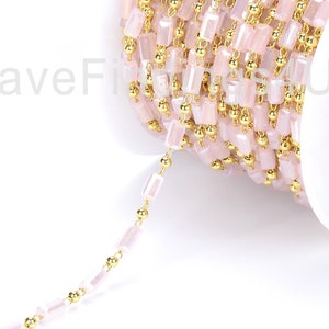 Pink Tube Rose Quartz Color Faceted Rectangle Beaded Chain 14K Gold Crystal Beaded Chain, Bulk Chain, 3x5mm, CH024