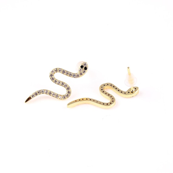 Orecchini a forma di serpente placcati in oro vero 16K, chiusura a leva con occhio nero, senza nichel [CH6099-1 paio/10 paia] - Italia