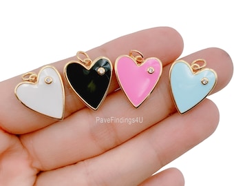 Neon Yellow Enamel Heart Pendant, White Light Blue Pink Enamel Heart Charms for Bracelet Necklace Component, Gold Filled Over Brass, CP1211