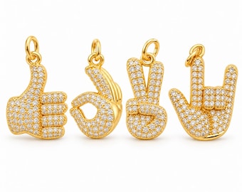 Gold Filled CZ Hand Sign Charms, Pave Rhinestone Thumbs Up, Okay, Peace and I Love You Gesture Pendants for Bracelet Necklace Making, LOT057