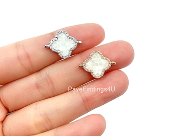 Conector de concha de perla de agua dulce con forma de trébol de cuatro hojas en oro de 14 quilates, conector de trébol, conector micropavé de circonitas cúbicas, 18 x 14 mm, CN280