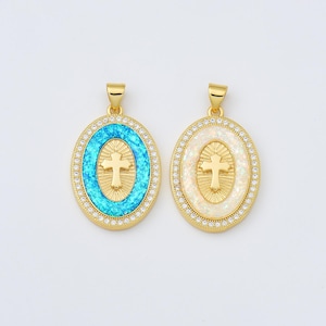 Opal Religious Cross Charm, Gold Filled Cross Pendant for Christian Catholic Baptism, Religious Jewelry Making Supply, 19x28mm, CP2009