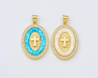 Opal Religious Cross Charm, Gold Filled Cross Pendant for Christian Catholic Baptism, Religious Jewelry Making Supply, 19x28mm, CP2009
