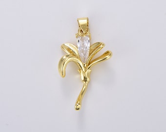 Lily Flower Charm Pendant, Gold Filled Clear Teardrop CZ Lily Flower Nature Charm for Necklace Braclet Jewelry Making Supply, 25x17mm CP1925