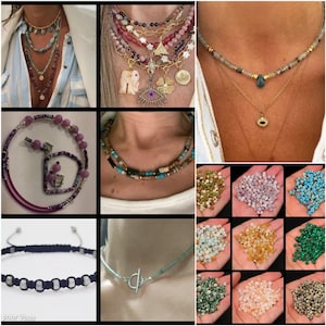 May include: A collection of colorful beaded necklaces and bracelets, featuring various styles and materials. The necklaces include layered strands with charms, a single strand with a turquoise stone, and a choker with a gold pendant. The bracelets include a multi-colored beaded bracelet and a simple black cord bracelet with square beads.