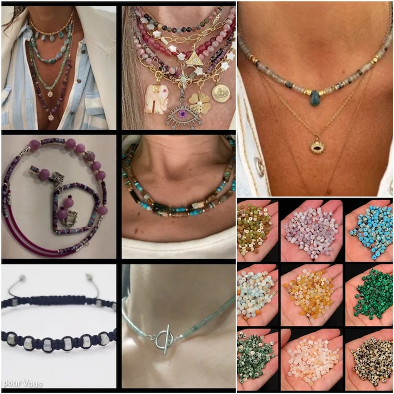May include: A collection of colorful beaded necklaces and bracelets, featuring various styles and materials. The necklaces include layered strands with charms, a single strand with a turquoise stone, and a choker with a gold pendant. The bracelets include a multi-colored beaded bracelet and a simple black cord bracelet with square beads.