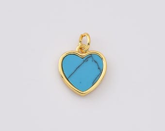 Charm coeur rempli d'or, petit pendentif en pierre coeur turquoise pour la fabrication de bijoux de collier bricolage, bijoux cadeau amour bleu délicat, CP2252