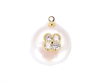 18K Gold Freshwater Pearl Clover Charm Pendant CZ, Four Leaf Clover, Good Luck Charm, Clover Charms, Clover Necklace, 18x14mm, CP842