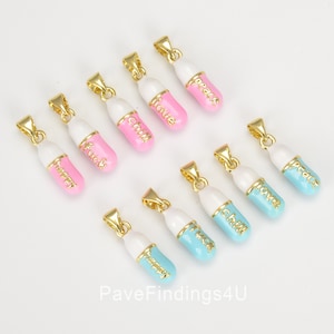 Pill Bar Pendant Enamel Pink & Teal Happy Chill Charm, Pink Pill Bar 18K Gold Pendant for Bracelet Necklace Earring Component Supply, CP1338