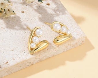 Boucles D'oreilles Plaqué Or Avec Perles Nacrées Et Triple Anneau - Dormeuses, Neuves Avec étiquettes