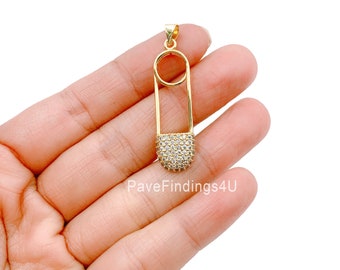 18K Gold Safety Pin Charm, Safety Pin CZ Micro Pave Charm Pendant, Baby Shower Gifts, Baby Charms, Charm, 37x10mm, CP960