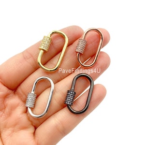 CZ Micro Pave Oval Screw Clasp, Carabiner Lock, Pave Oval Lock, Large Connector Claw Silver, Gold, Black Jewelry Findings, 18mm/24mm/28mm