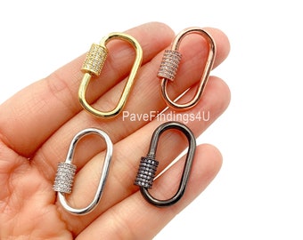 CZ Micro Pave Oval Screw Clasp, Carabiner Lock, Pave Oval Lock, Large Connector Claw Silver, Gold, Black Jewelry Findings, 18mm/24mm/28mm