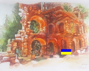 Summer landscape,Pictures from Ukraine,Ancient ruins,watercolor,Digital file,Handmade,Digital Print Instant Art INSTANT DOWNLOAD Printable