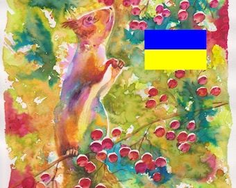 Squirrel With berries,Digital file, Watercolor Painting,Digital Print Instant Art INSTANT DOWNLOAD Printable