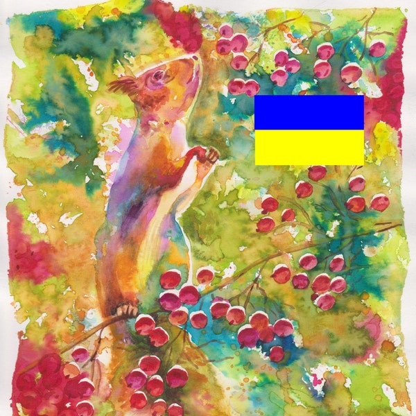 Squirrel With berries,Digital file, Watercolor Painting,Digital Print Instant Art INSTANT DOWNLOAD Printable