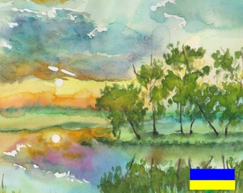 Stampa artistica di un dipinto ad acquerello di un paesaggio estivo fatto a mano (download digitale)