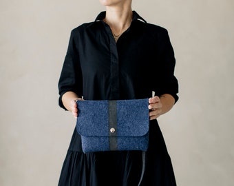 Petit sac à bandoulière en feutre de laine de couleur indigo élégante, sac confortable au quotidien, sac au design minimaliste, sac de voyage, sac pour cocktail