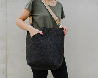 Wool Felt Tote Bag, Shoulder Tote Bag, Women Tote Bag, Graphite Tote Bag, Vegan Brown Straps Tote, Elegant Tote Bag, Urban Tote Bag, Big Bag