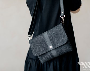 Petit sac à bandoulière en feutre de laine de couleur graphite chic, sac confortable de tous les jours, sac à bandoulière design minimaliste, sac de voyage, sac à cocktail