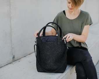 Shoulder Bag Tote, Black Straps Tote, Designer Bag, Valentines Gift, Elegant Tote Bag, Wool Felt Tote Bag, Minimalist Tote Bag, Graphite