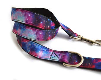 galaxy dog leash, galaxy dog lead, dog leash, 1” width, 120cm dog leash, 45” dog leash, lightweight dog leash, custom length leash, d-ring