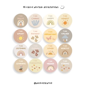EDITABLE 16 tarjetas de afirmación boho neutra para niños pequeños Decoración imprimible del aula Cuadrado y círculo
