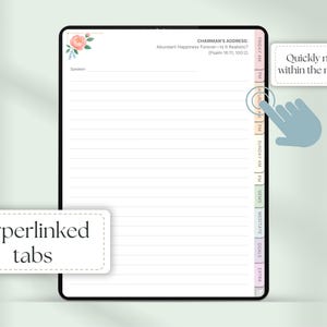 May include: Digital notebook on a tablet with a white background and floral accents. Features hyperlinked tabs for easy navigation. Text includes "Chairman's Address" and "Abundant Happiness Forever".