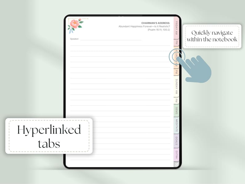 May include: Digital notebook on a tablet with a white background and floral accents. Features hyperlinked tabs for easy navigation. Text includes "Chairman's Address" and "Abundant Happiness Forever".