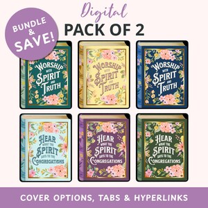Puede incluir: Un paquete digital de 2 libros con diseños florales. Las portadas presentan las frases "Worship with Spirit and Truth" y "Hear What the Spirit Says to the Congregations". La imagen incluye el texto "Bundle & Save!" y "Cover Options, Tabs & Hyperlinks."